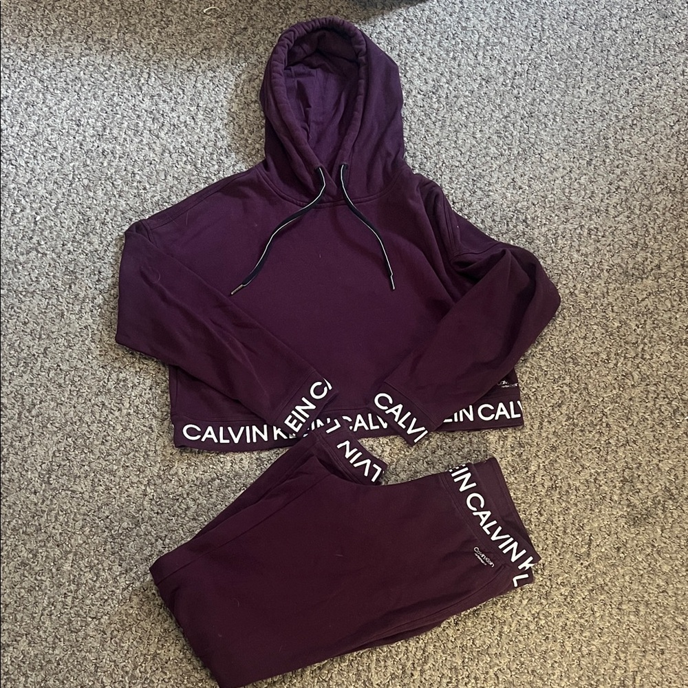 Calvin Klein Plum Cropped Hoodie and Jogger Set